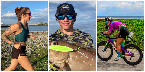 running fishing cycling scene collage